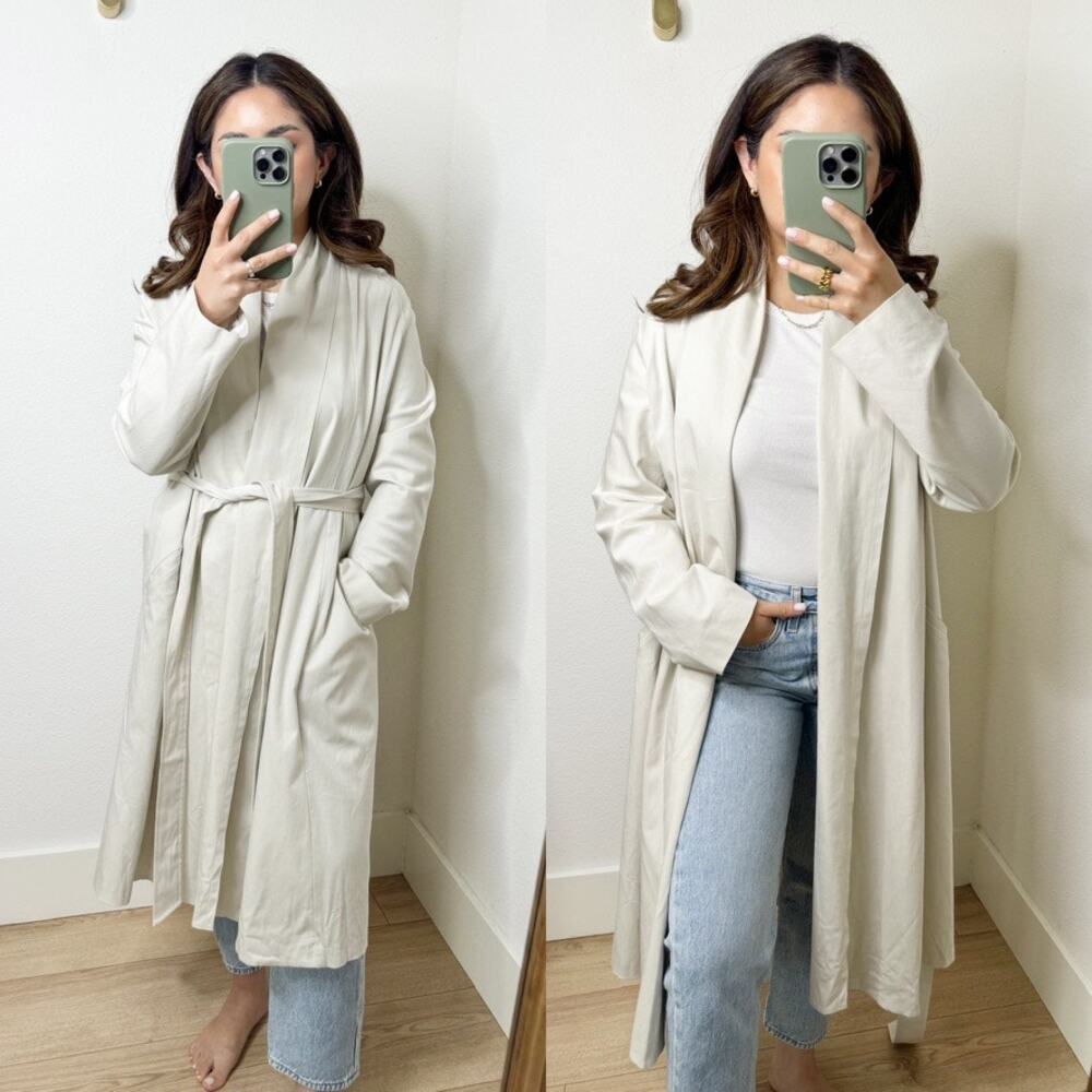 Eileen Fisher Cream Light Gray Trench Coat Jacket Shawl Collar Tie Waisted XS